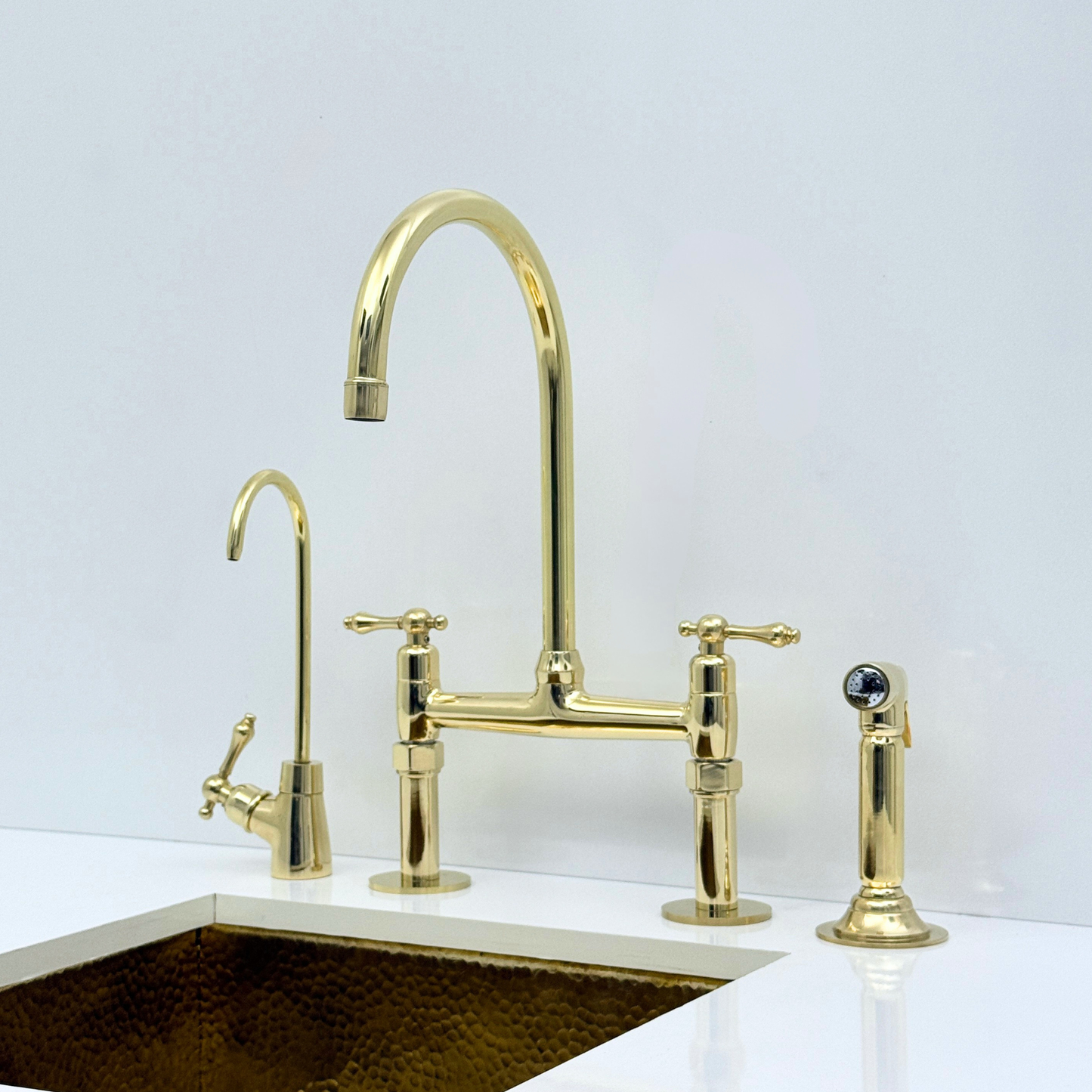 Unlacquered Brass Bridge Kitchen Faucet with Sprayer and Drinking Water Faucet