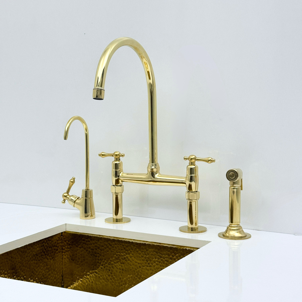 Unlacquered Brass Bridge Kitchen Faucet with Sprayer and Drinking Water Faucet