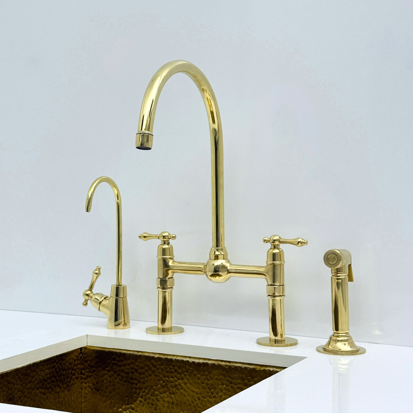Unlacquered Brass Bridge Kitchen Faucet with Sprayer and Drinking Water Tap - UBLBF008