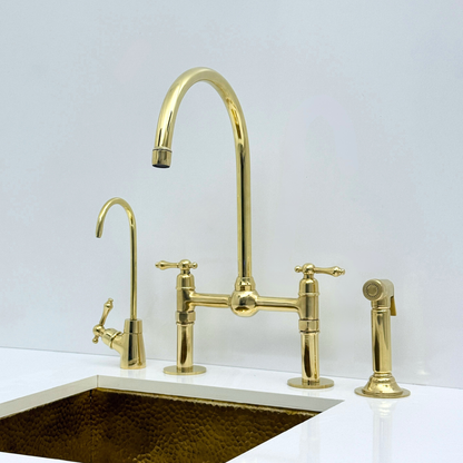 Unlacquered Brass Bridge Kitchen Faucet with Sprayer and Drinking Water Tap - UBLBF008