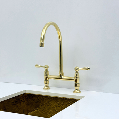 Unlacquered Brass Bridge Kitchen Faucet with Sprayer and Drinking Water Tap - UBLBF015