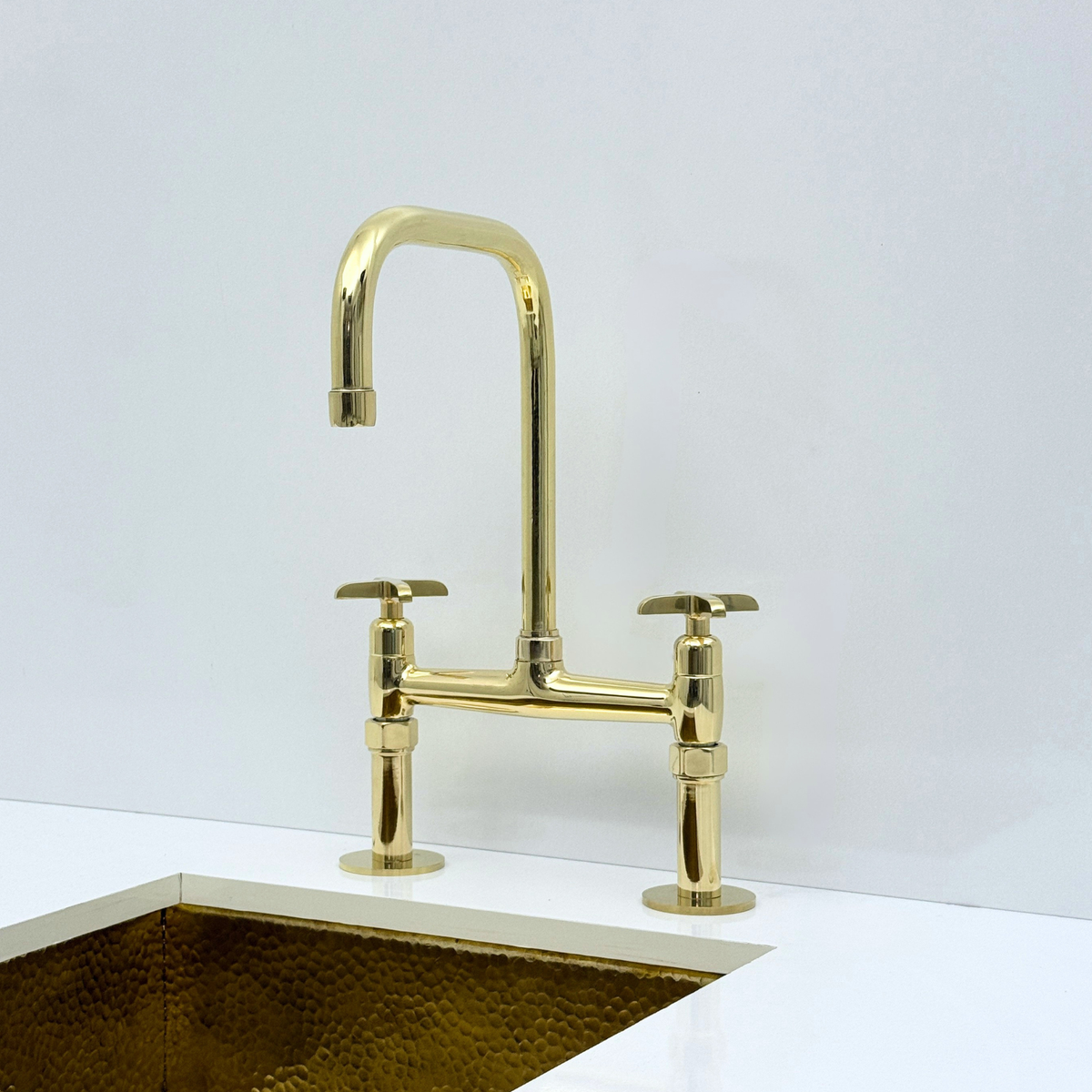 Unlacquered Brass Bridge Kitchen Faucet with Sprayer and Drinking Water Tap