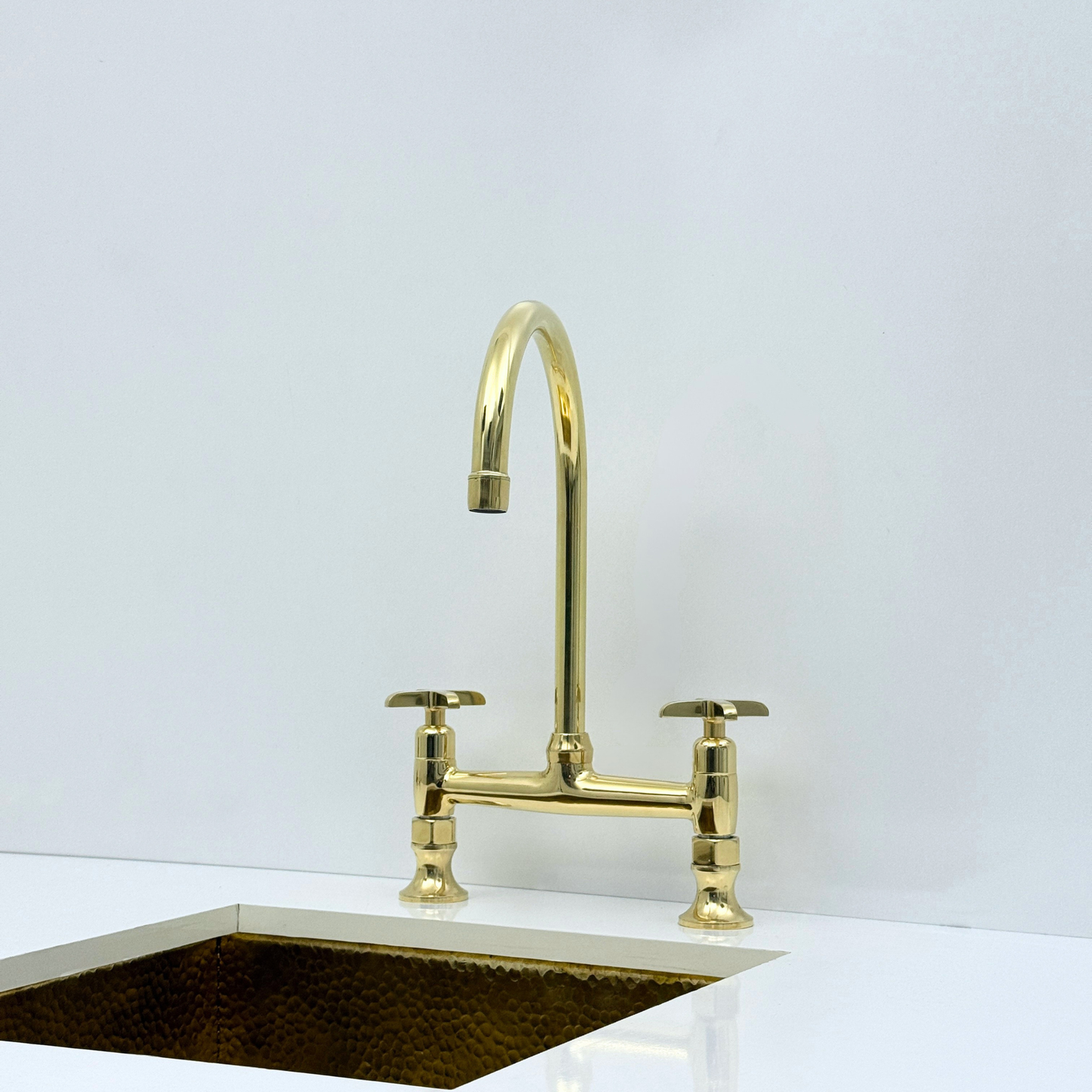Unlacquered Brass Bridge Kitchen Faucet with Sprayer and Drinking Water Tap - UBCBF014