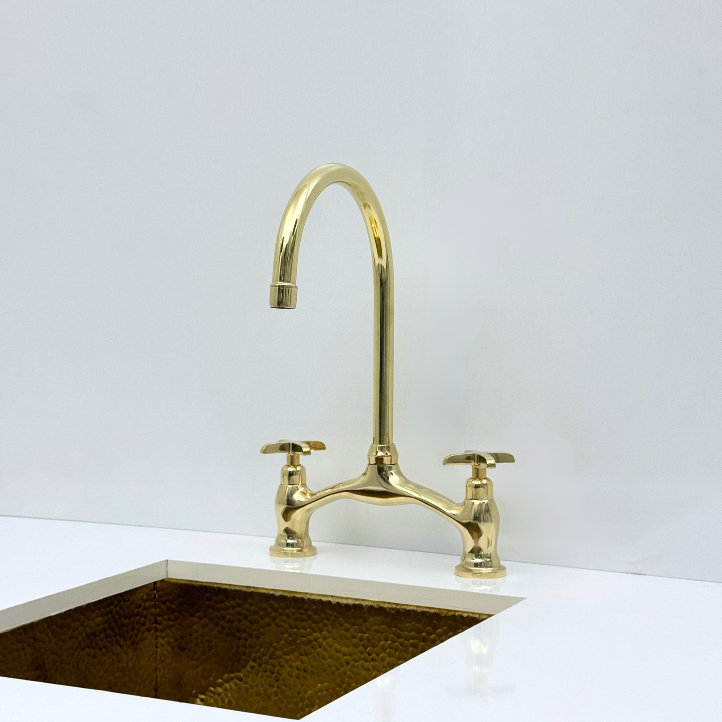 Unlacquered Brass Bridge Kitchen Faucet with Sprayer and Drinking Water Tap - UBCBF020