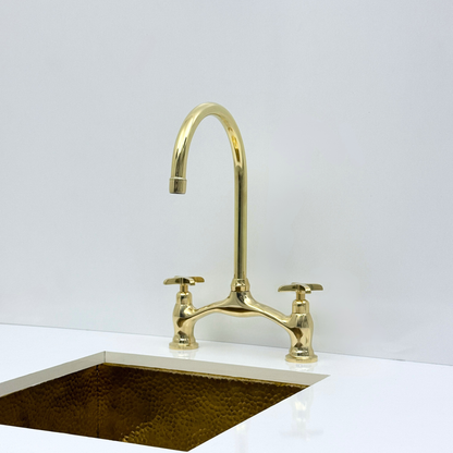 Unlacquered Brass Bridge Kitchen Faucet with Sprayer and Drinking Water Tap - UBCBF020