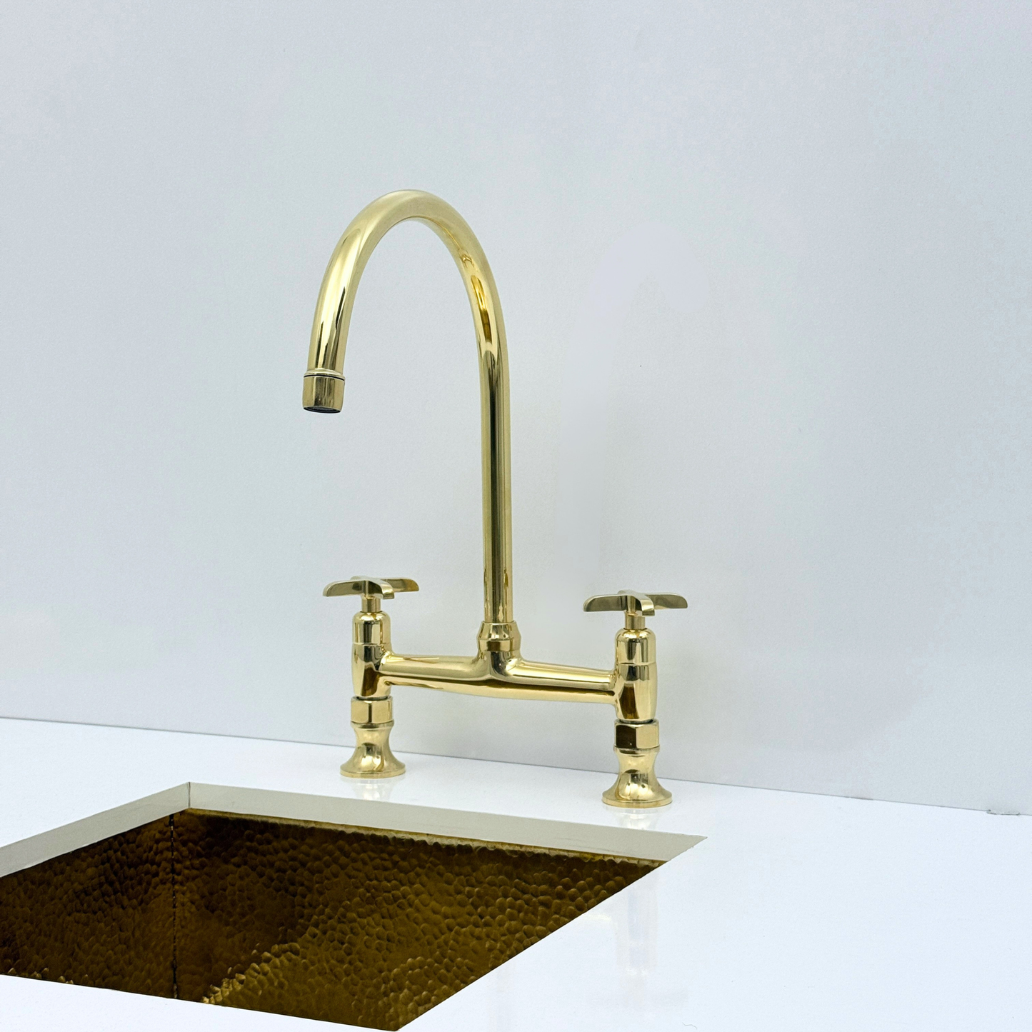 Unlacquered Brass Bridge Kitchen Faucet with Sprayer and Drinking Water Tap - UBCBF015