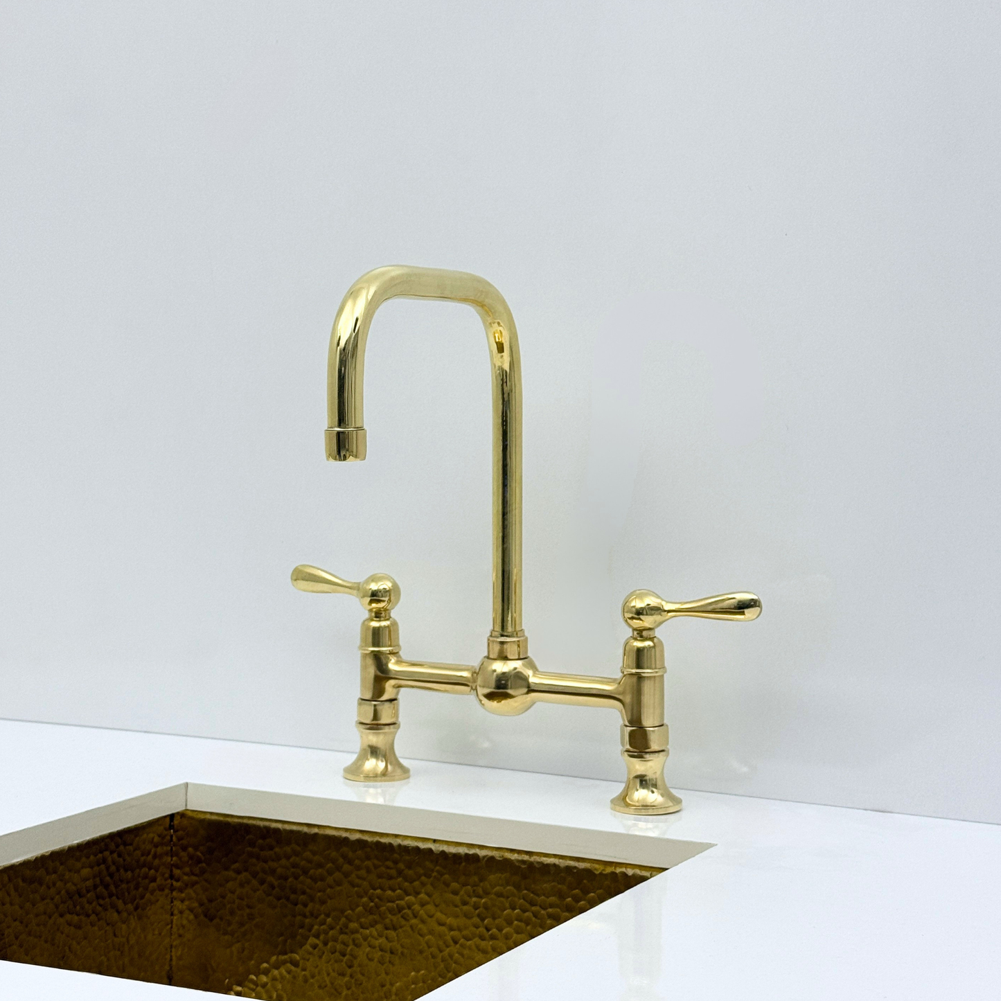 Unlacquered Brass Bridge Kitchen Faucet with Sprayer and Drinking Water Tap - UBLBF017