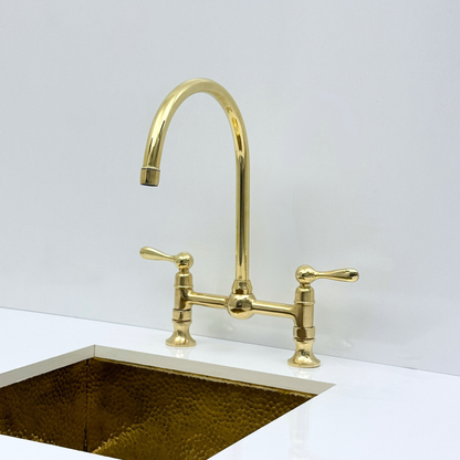 Unlacquered Brass Bridge Kitchen Faucet with Sprayer and Drinking Water Tap - UBLBF011