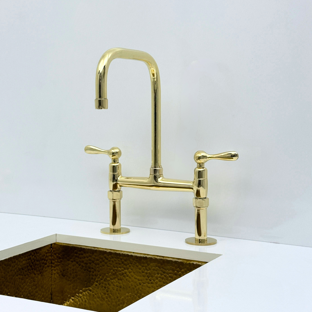 Unlacquered Brass Bridge Kitchen Faucet with Sprayer, Drinking Water Faucet