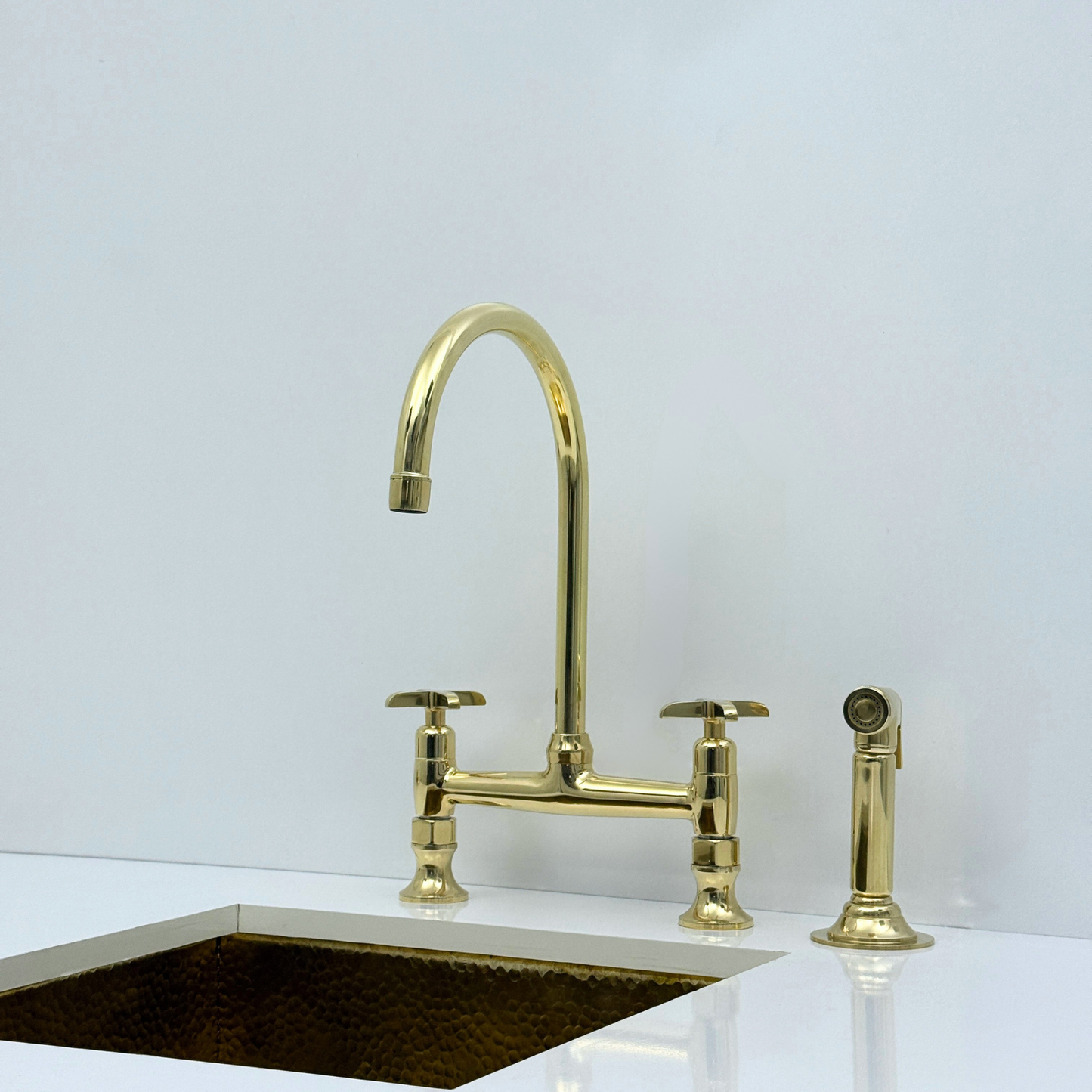Unlacquered Brass Bridge Kitchen Faucet with Sprayer and Drinking Water Tap - UBCBF014