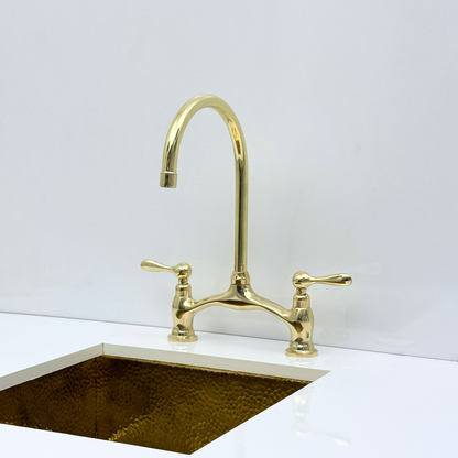 Unlacquered Brass Bridge Kitchen Faucet with Sprayer and Drinking Water Tap - UBLBF020