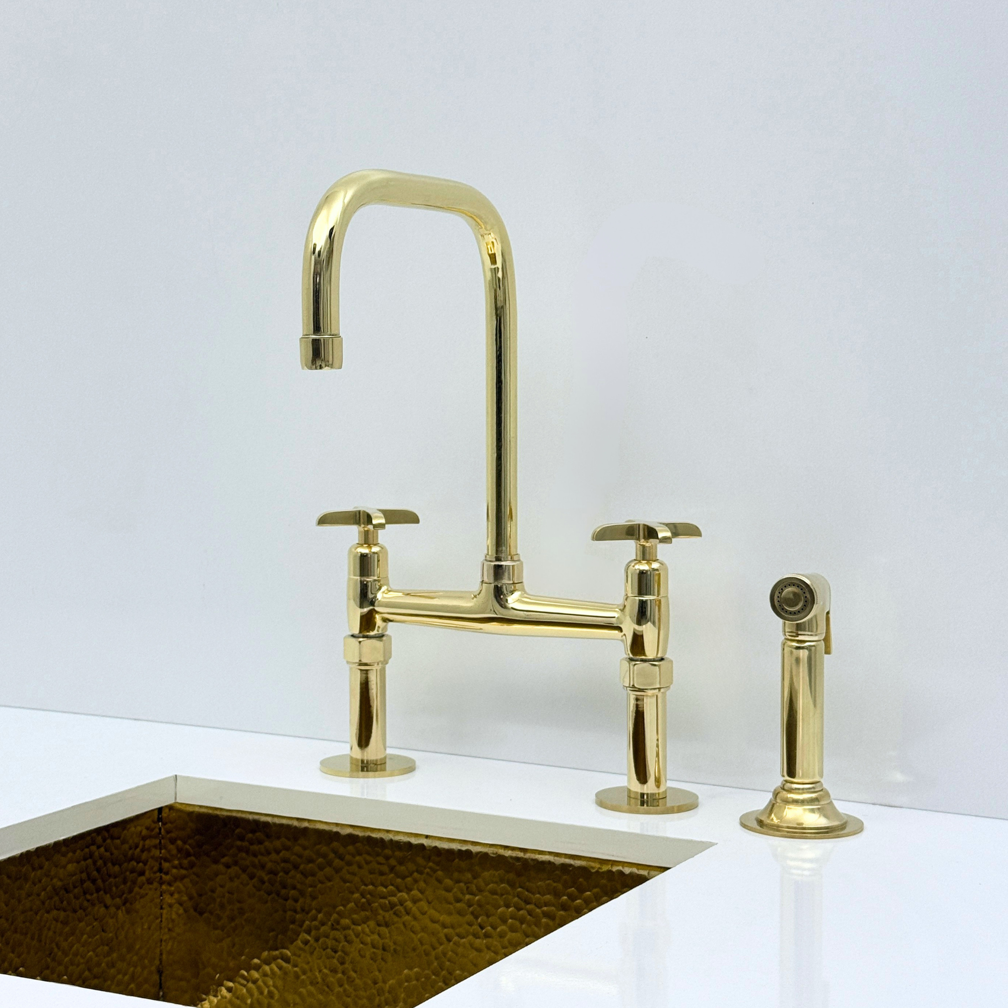 Unlacquered Brass Bridge Kitchen Faucet with Sprayer and Drinking Water Tap