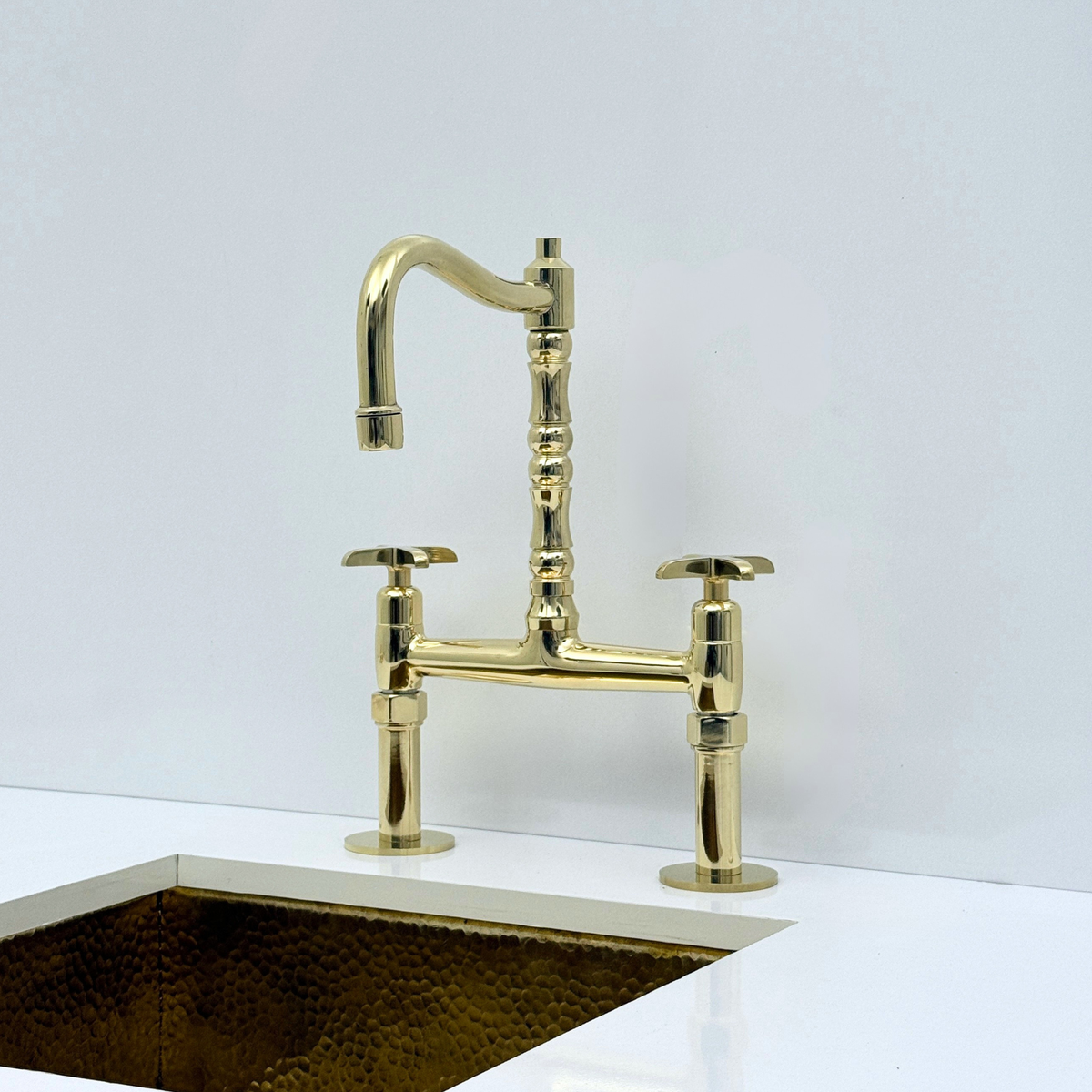 Unlacquered Brass Bridge Kitchen Faucet with Sprayer and Drinking Water Tap