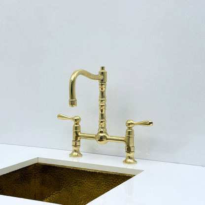 Unlacquered Brass Bridge Kitchen Faucet with Sprayer and Drinking Water Tap - UBLBF012