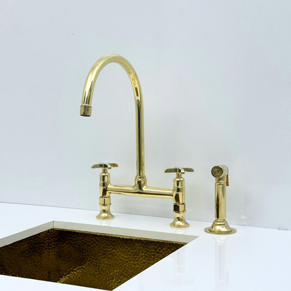 Unlacquered Brass Bridge Kitchen Faucet with Sprayer and Drinking Water Tap - UBCBF015