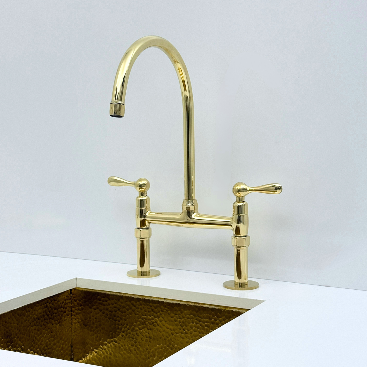 Unlacquered Brass Bridge Kitchen Faucet with Sprayer and Drinking Water Faucet