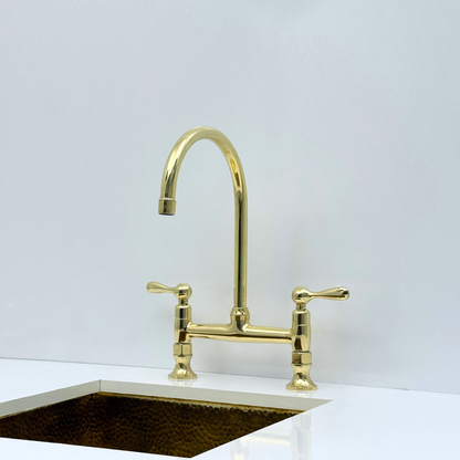 Unlacquered Brass Bridge Kitchen Faucet with Sprayer and Drinking Water Tap - UBLBF014