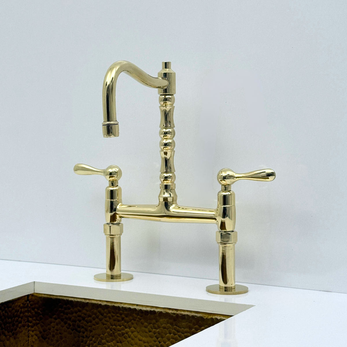 Unlacquered Brass Bridge Kitchen Faucet with Sprayer and Drinking Water Tap