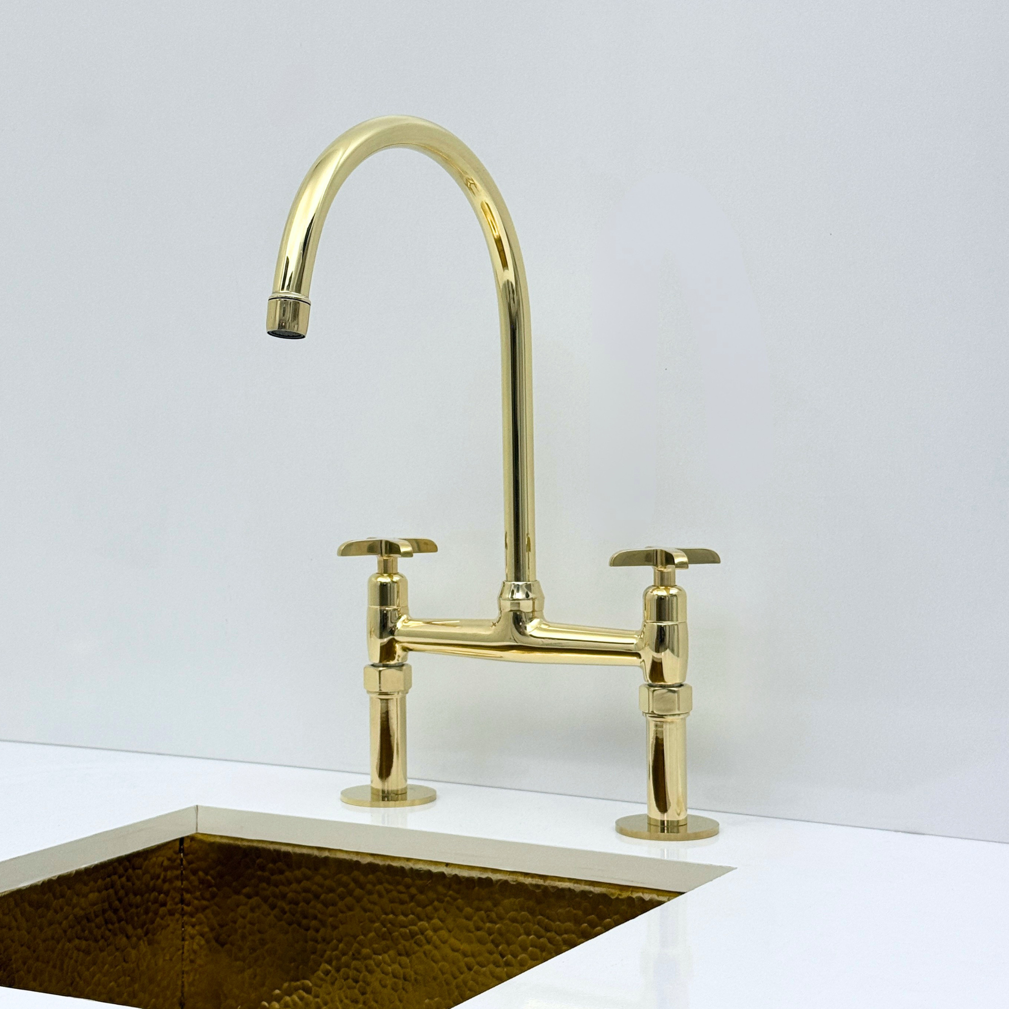Atlas - Unlacquered Brass Bridge Kitchen Faucet with Side Sprayer and Drinking Water Tap