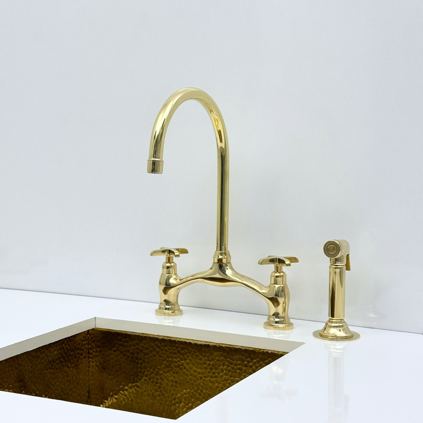 Unlacquered Brass Bridge Kitchen Faucet with Sprayer and Drinking Water Tap - UBCBF020
