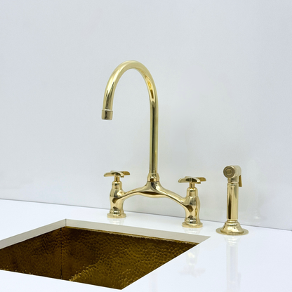 Unlacquered Brass Bridge Kitchen Faucet with Sprayer and Drinking Water Tap - UBCBF020