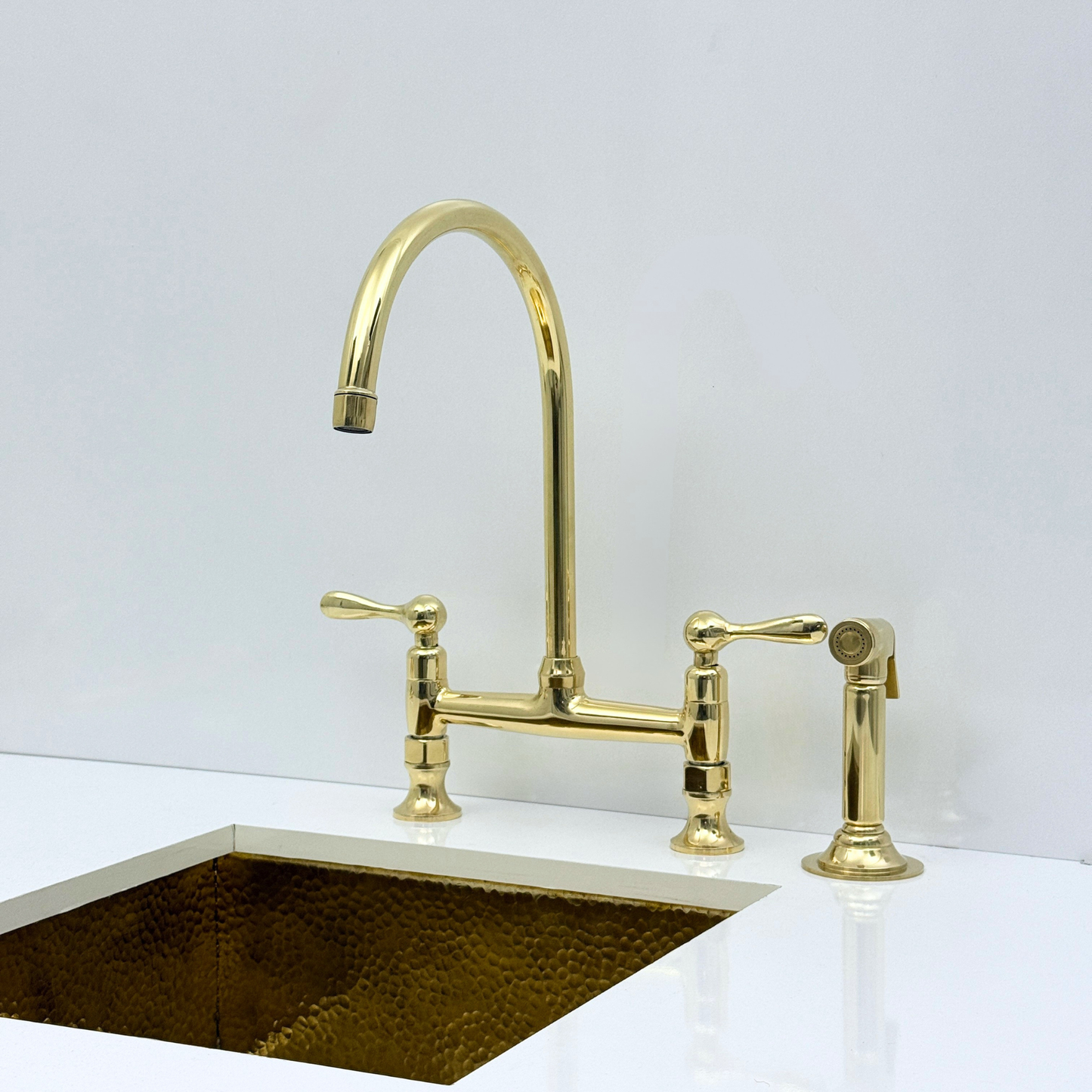 Unlacquered Brass Bridge Kitchen Faucet with Sprayer and Drinking Water Tap - UBLBF015