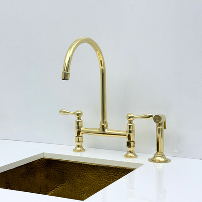 Unlacquered Brass Bridge Kitchen Faucet with Sprayer and Drinking Water Tap - UBLBF015