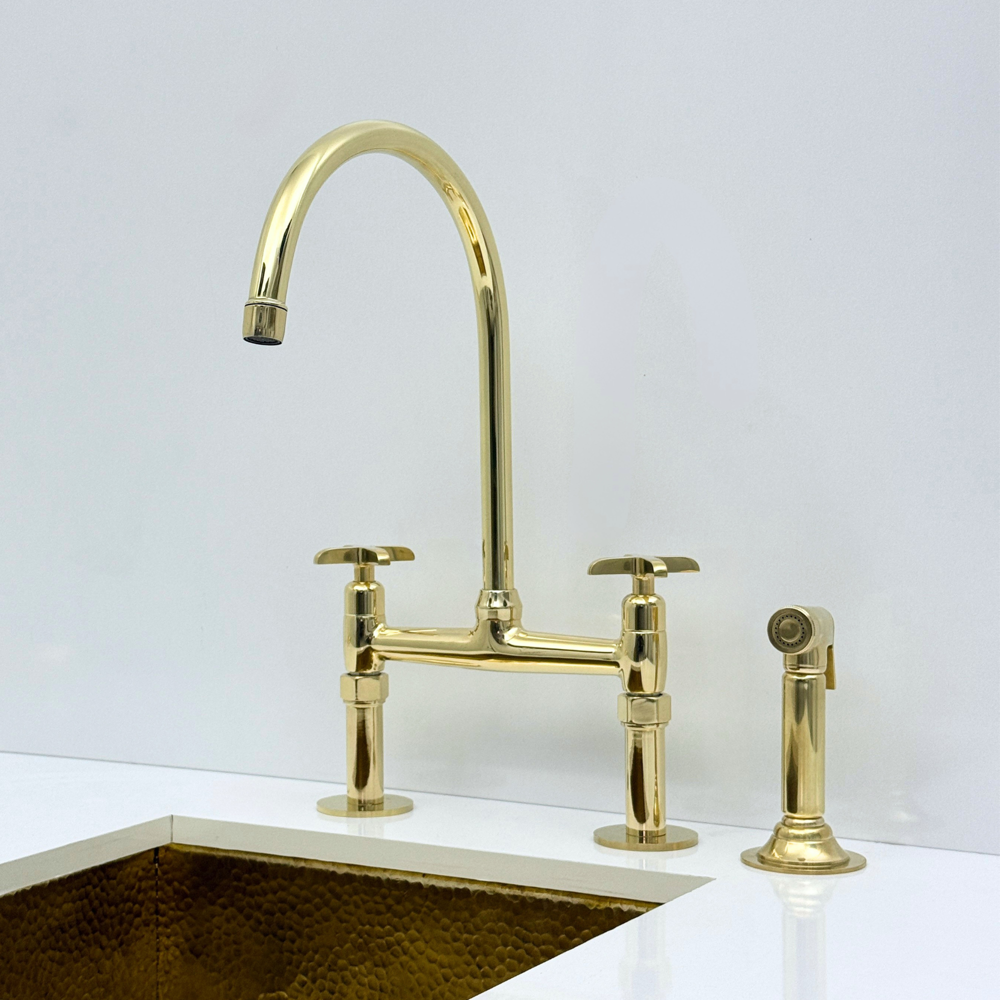 Atlas - Unlacquered Brass Bridge Kitchen Faucet with Side Sprayer and Drinking Water Tap