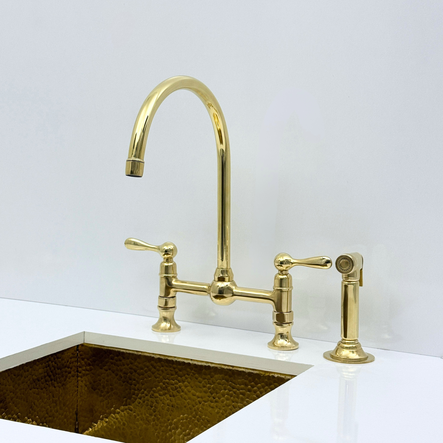 Unlacquered Brass Bridge Kitchen Faucet with Sprayer and Drinking Water Tap - UBLBF011