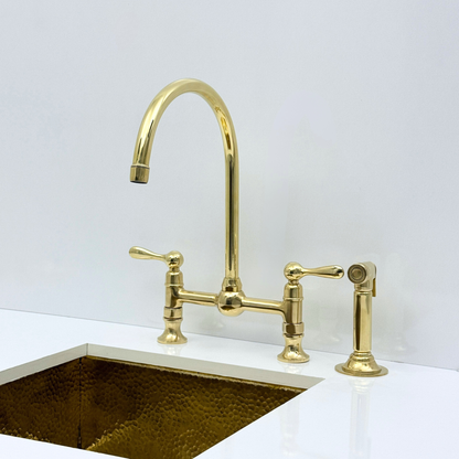 Unlacquered Brass Bridge Kitchen Faucet with Sprayer and Drinking Water Tap - UBLBF011
