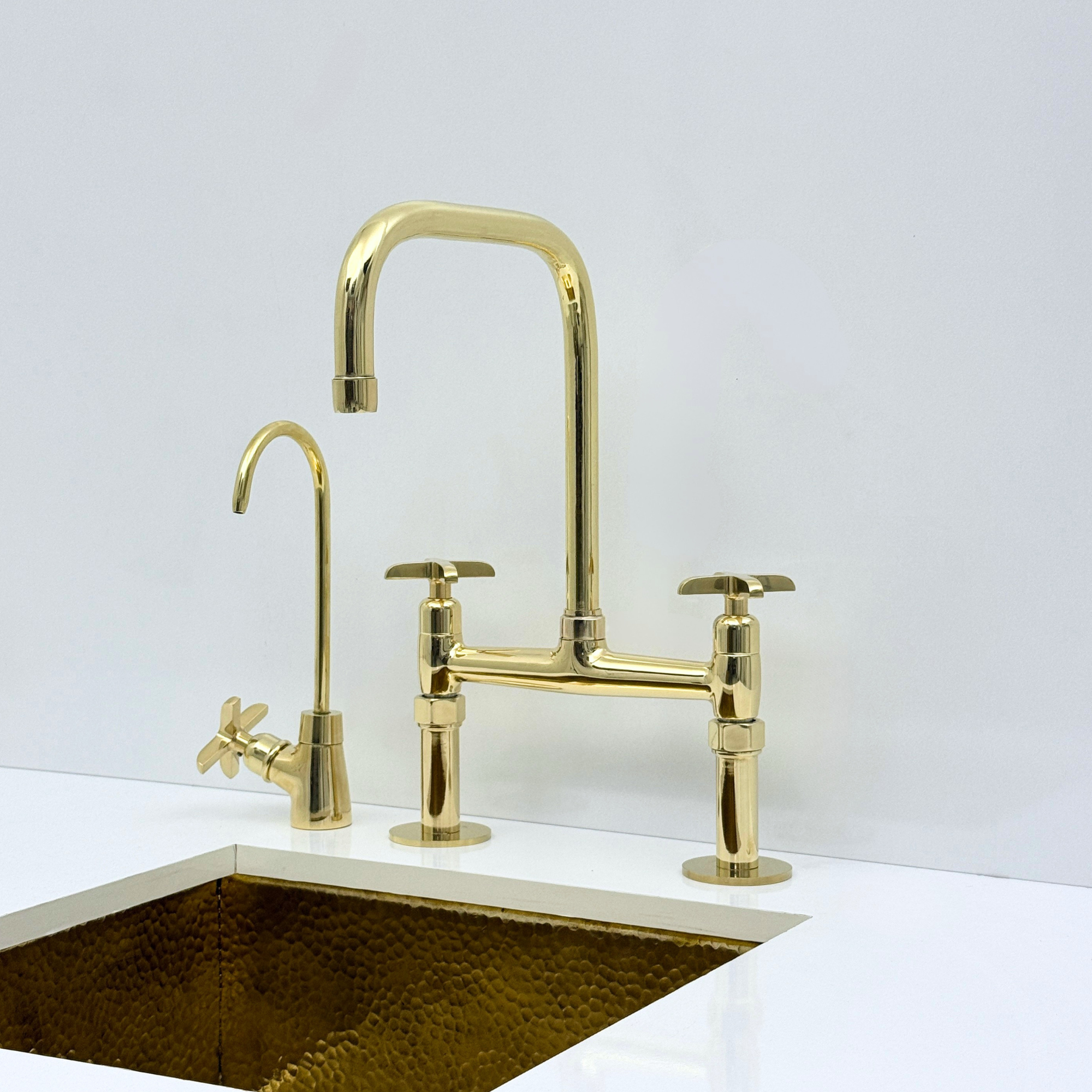 Unlacquered Brass Bridge Kitchen Faucet with Sprayer and Drinking Water Tap