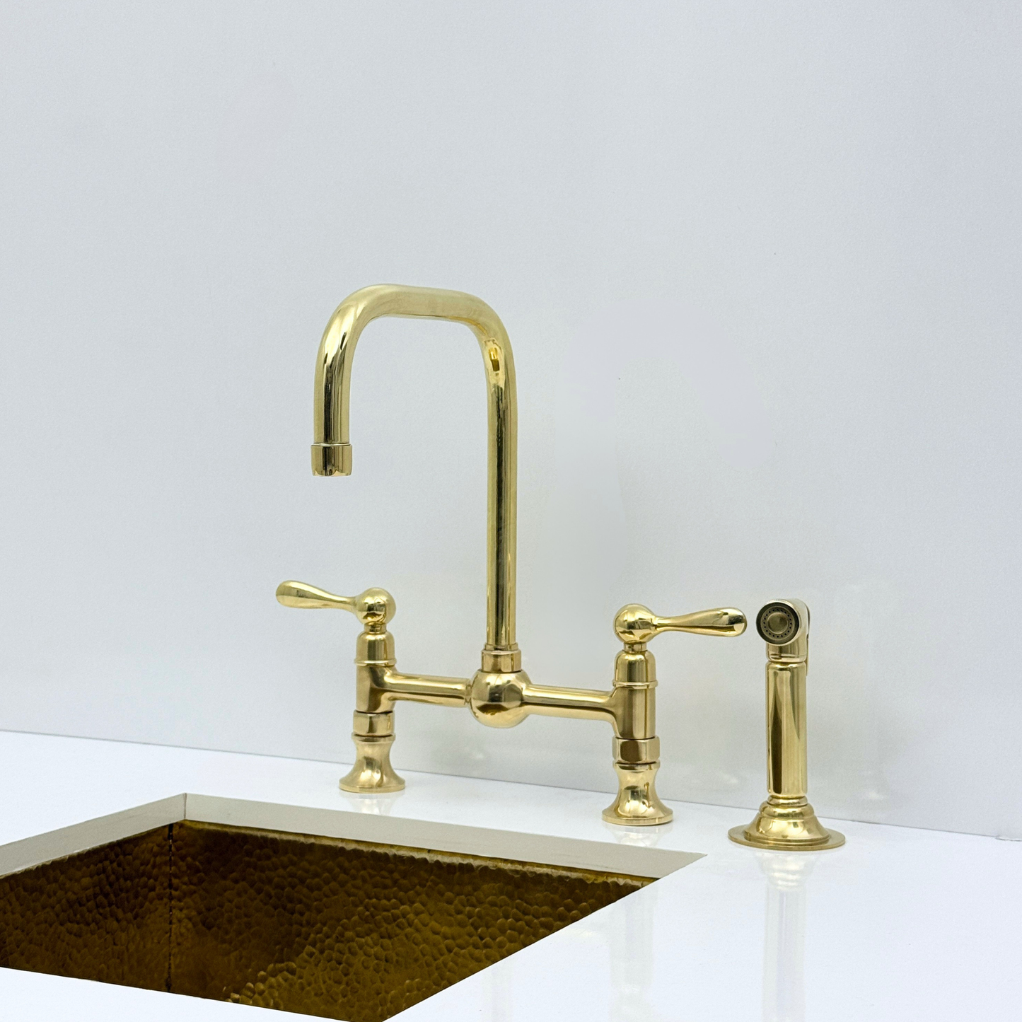 Unlacquered Brass Bridge Kitchen Faucet with Sprayer and Drinking Water Tap - UBLBF017