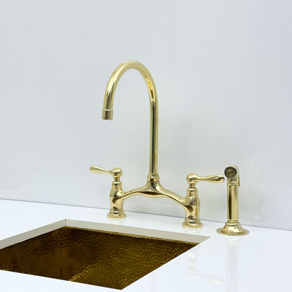 Unlacquered Brass Bridge Kitchen Faucet with Sprayer and Drinking Water Tap - UBLBF020
