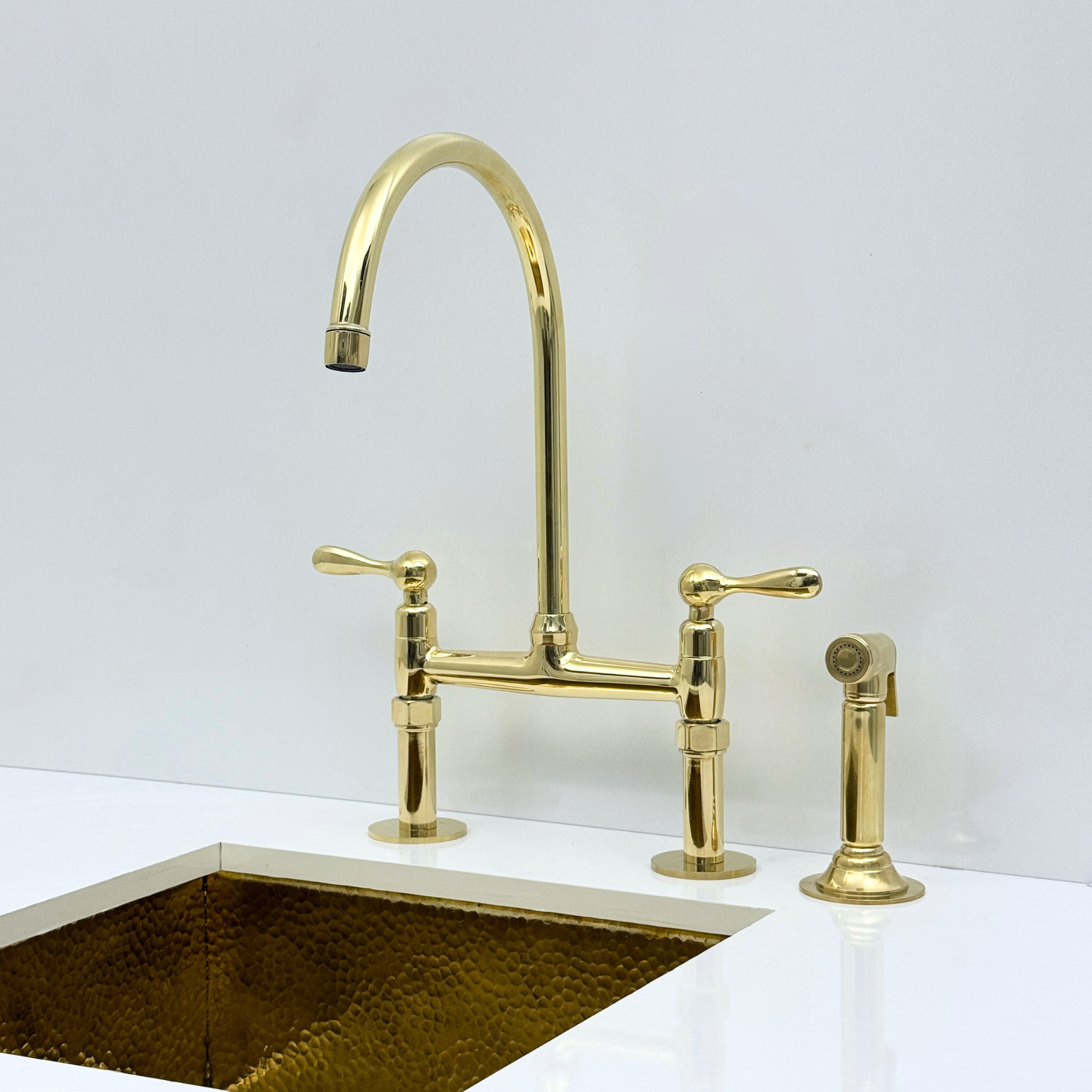 Unlacquered Brass Bridge Kitchen Faucet with Sprayer and Drinking Water Faucet