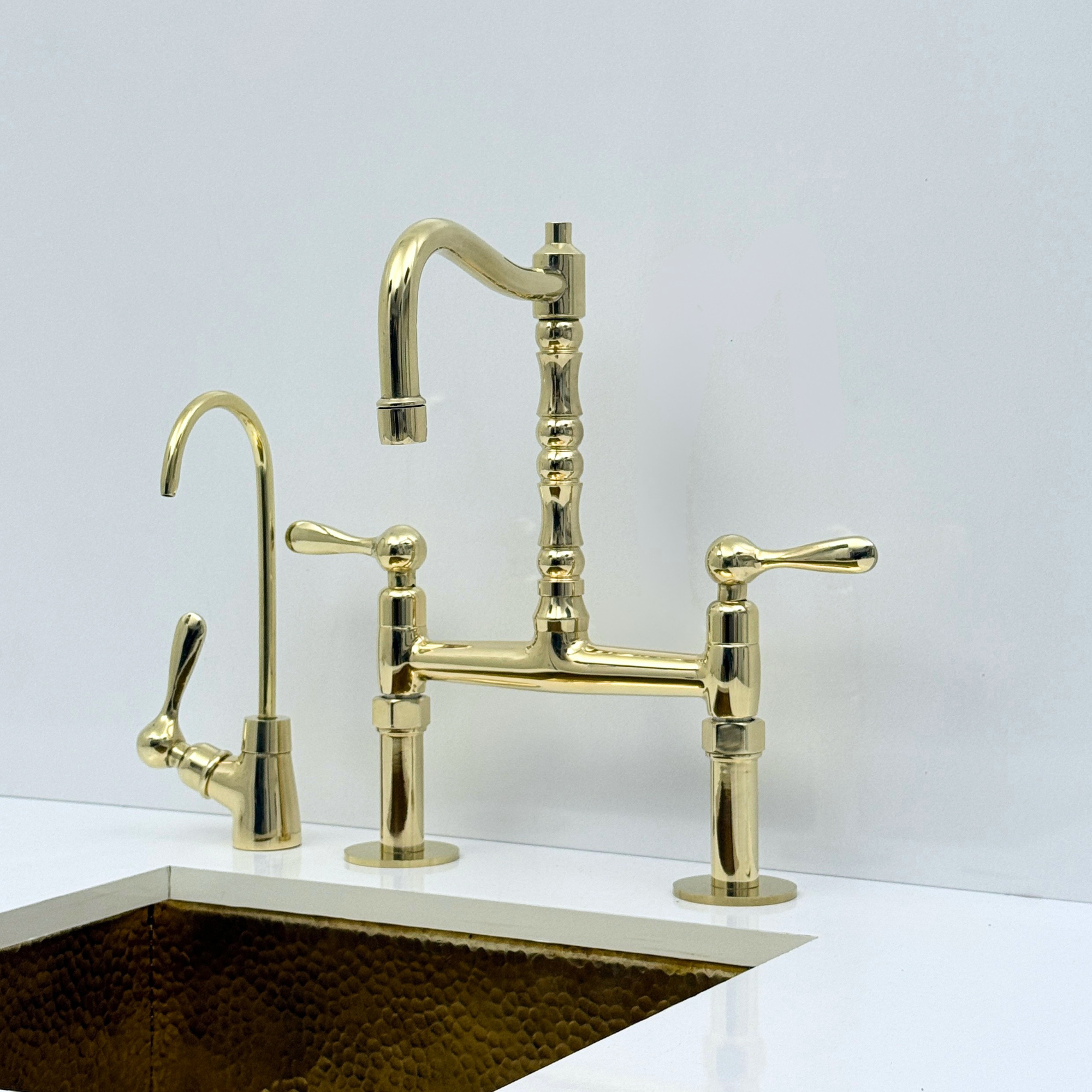 Unlacquered Brass Bridge Kitchen Faucet with Sprayer and Drinking Water Tap