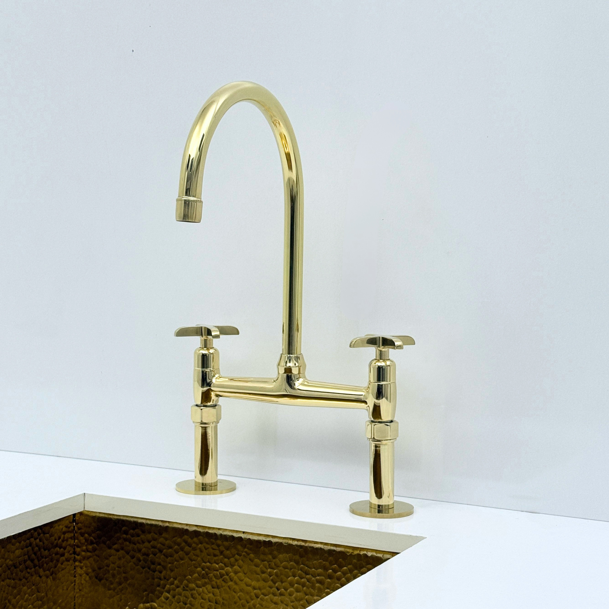 Unlacquered Brass Bridge Kitchen Faucet with Sprayer and Drinking Water Tap