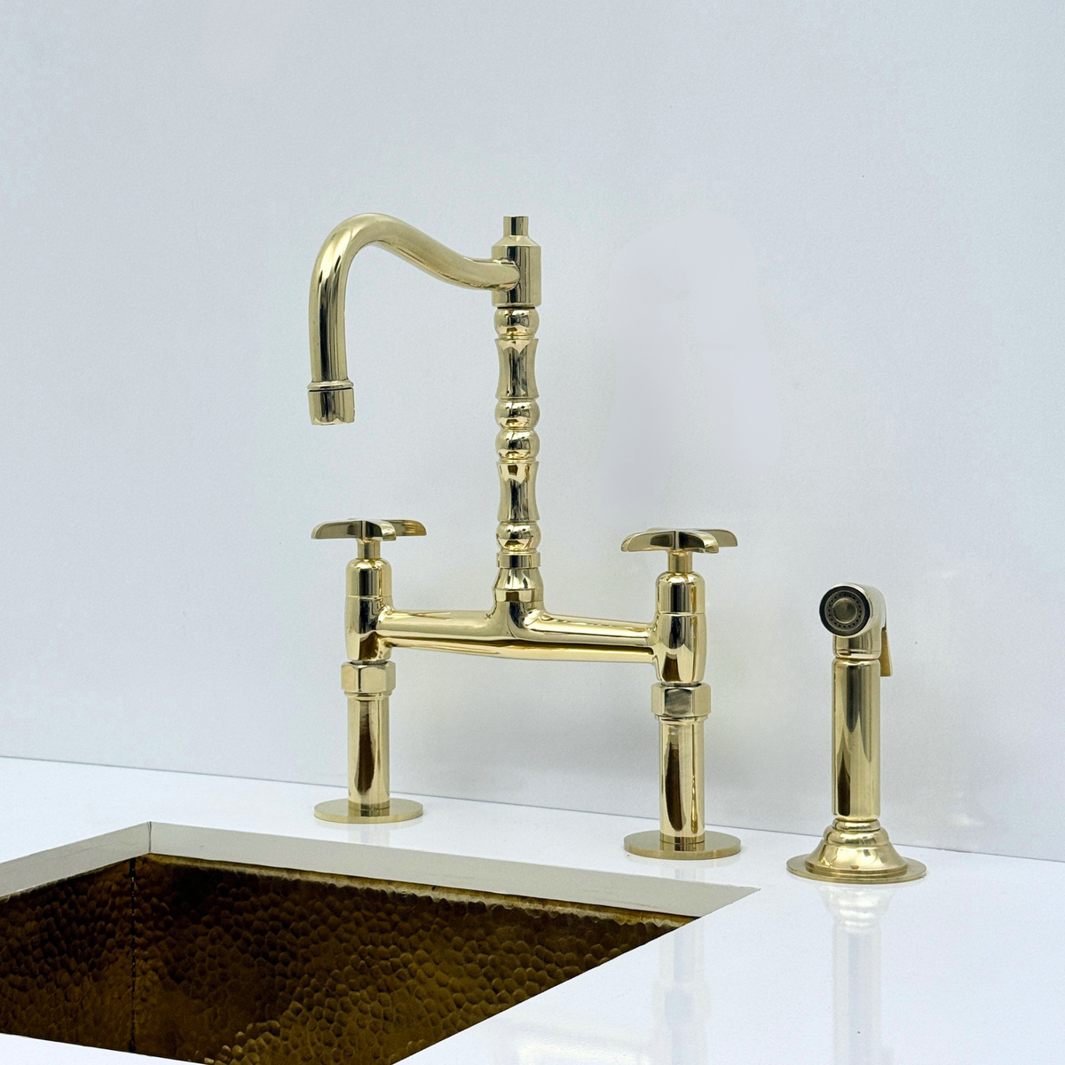 Unlacquered Brass Bridge Kitchen Faucet with Sprayer and Drinking Water Tap