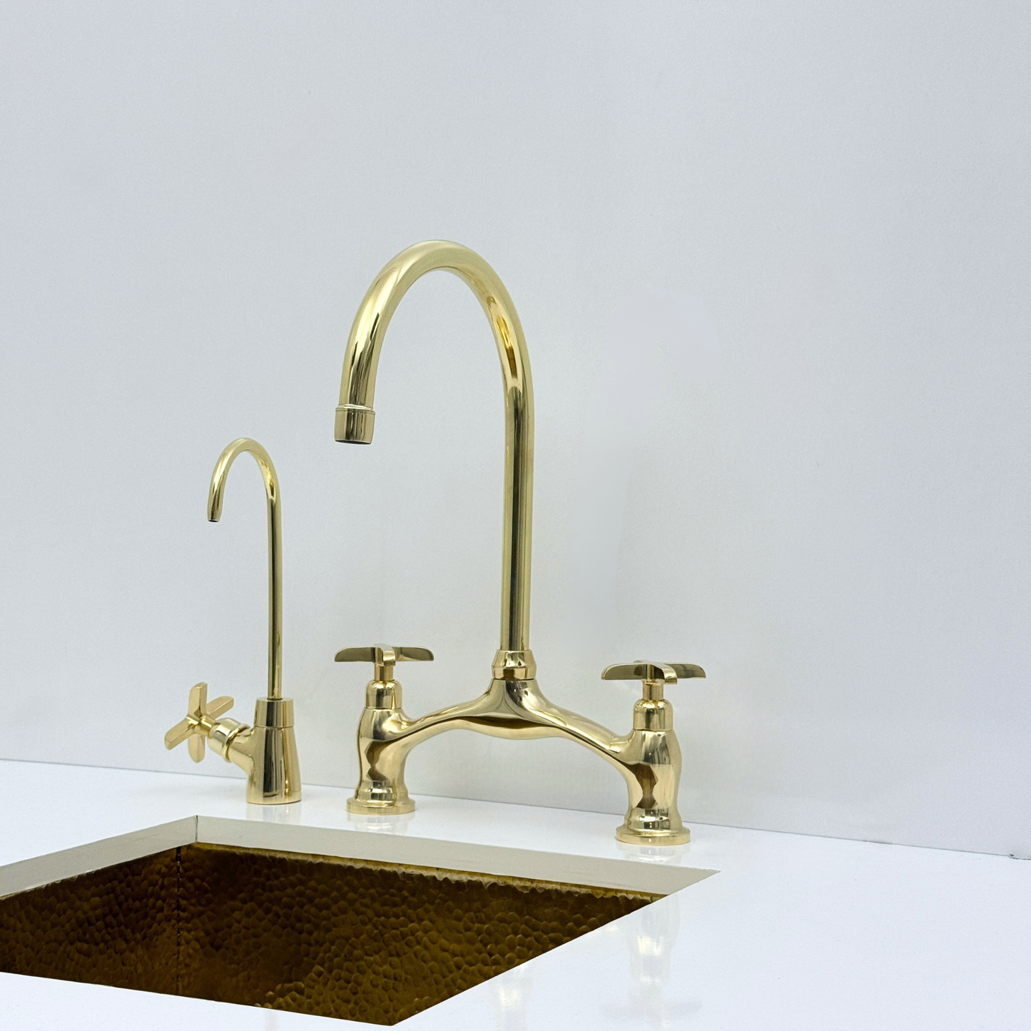 Unlacquered Brass Bridge Kitchen Faucet with Sprayer and Drinking Water Tap - UBCBF020