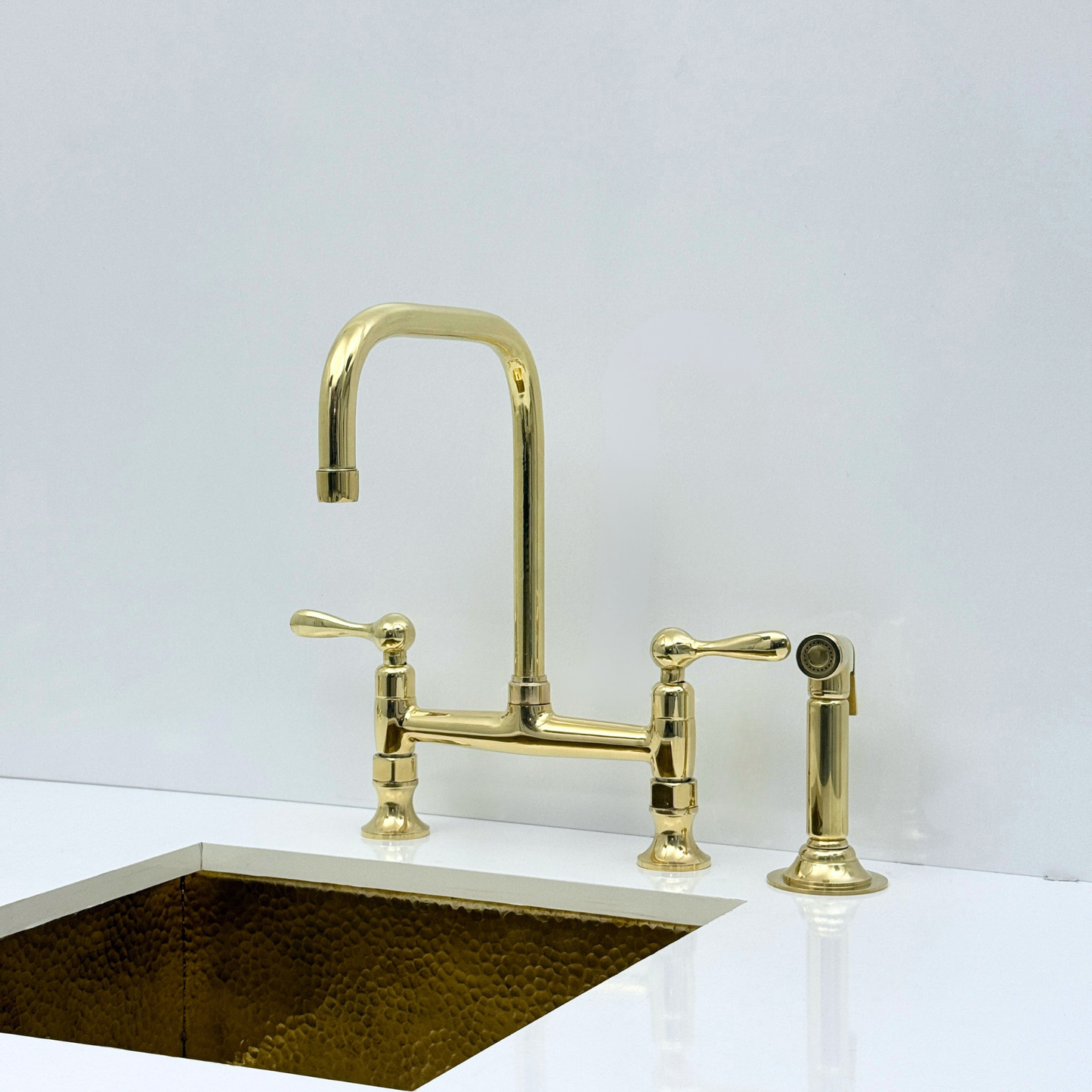 Unlacquered Brass Bridge Kitchen Faucet with Sprayer and Drinking Water Tap - UBLBF016