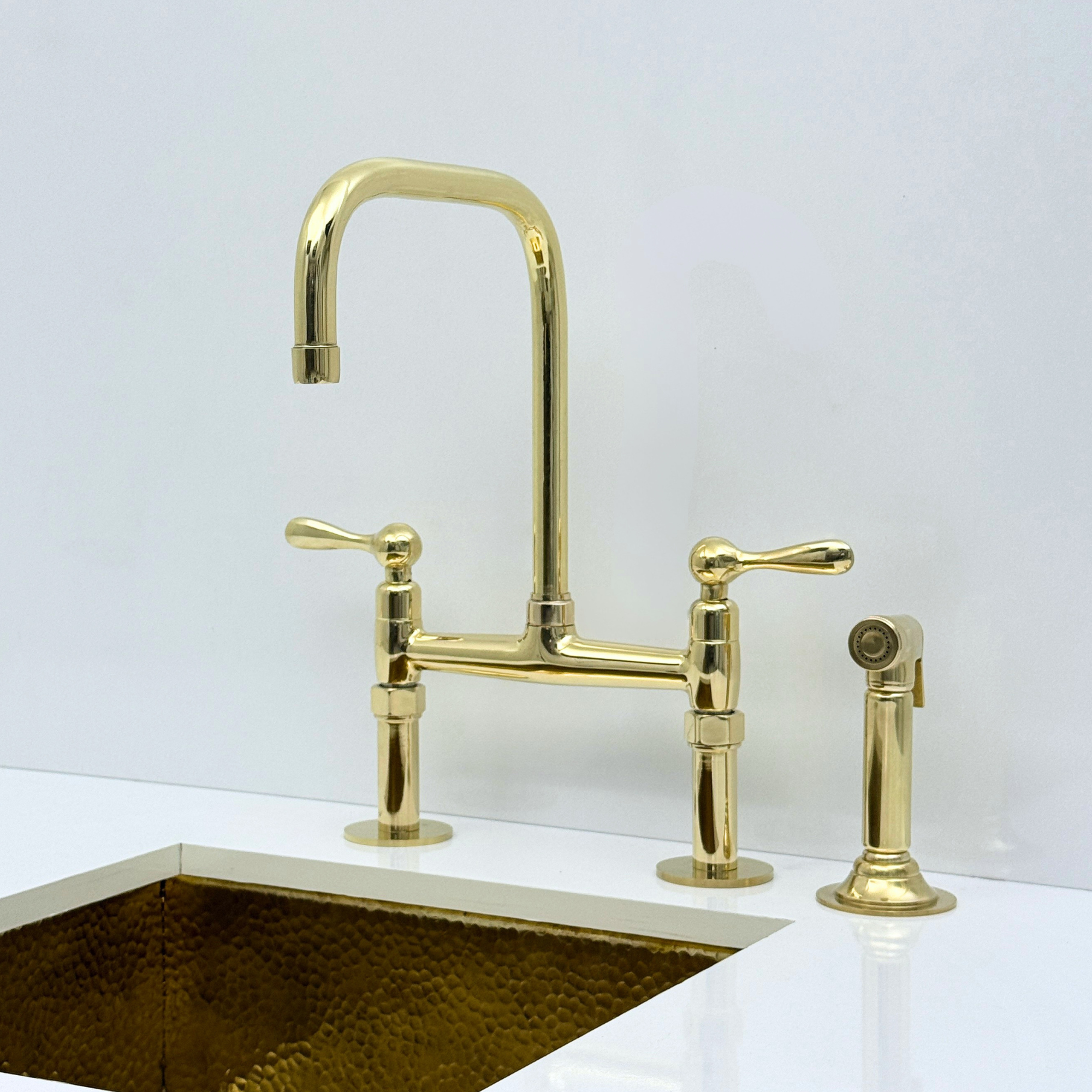 Unlacquered Brass Bridge Kitchen Faucet with Sprayer, Drinking Water Faucet
