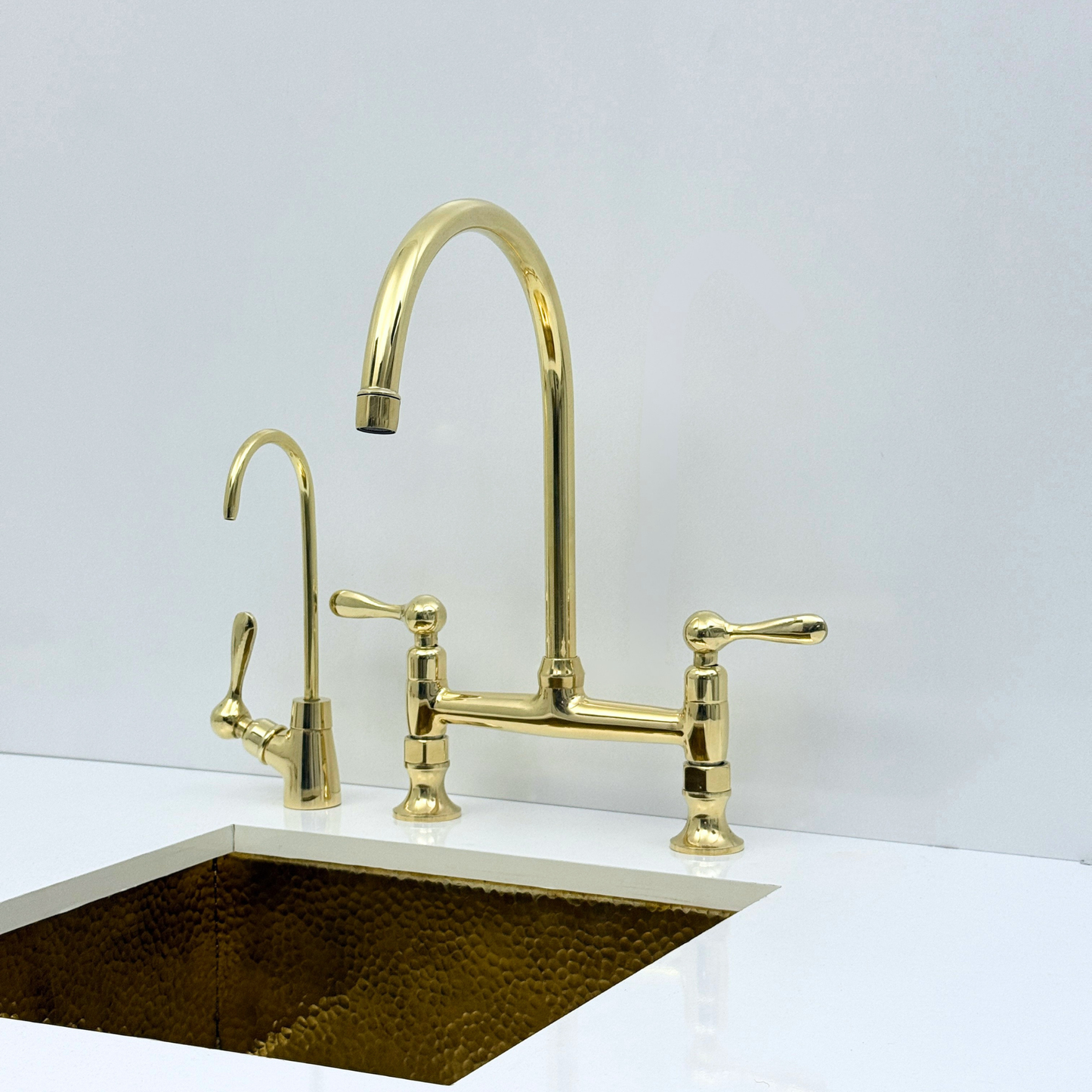 Unlacquered Brass Bridge Kitchen Faucet with Sprayer and Drinking Water Tap - UBLBF015