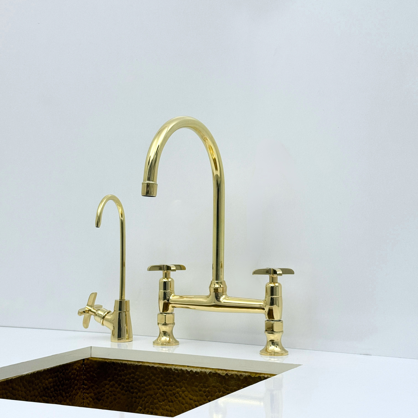 Unlacquered Brass Bridge Kitchen Faucet with Sprayer and Drinking Water Tap - UBCBF014