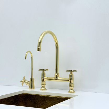 Unlacquered Brass Bridge Kitchen Faucet with Sprayer and Drinking Water Tap - UBCBF014