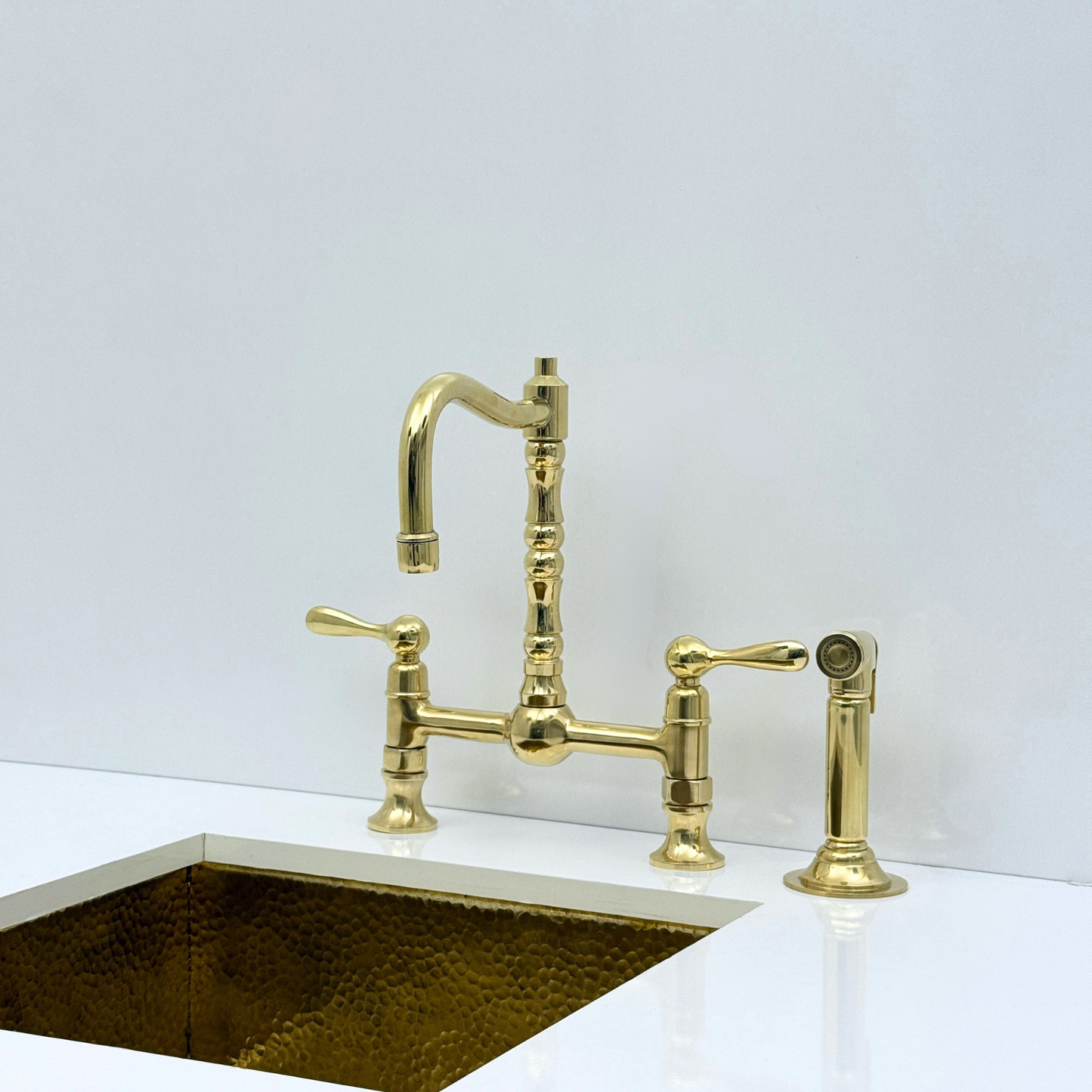 Unlacquered Brass Bridge Kitchen Faucet with Sprayer and Drinking Water Tap - UBLBF012