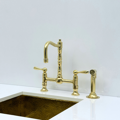 Unlacquered Brass Bridge Kitchen Faucet with Sprayer and Drinking Water Tap - UBLBF012