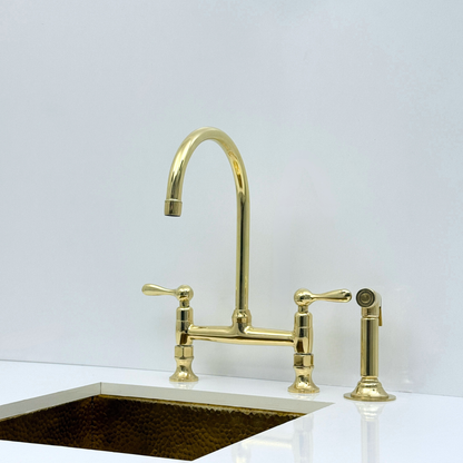 Unlacquered Brass Bridge Kitchen Faucet with Sprayer and Drinking Water Tap - UBLBF014
