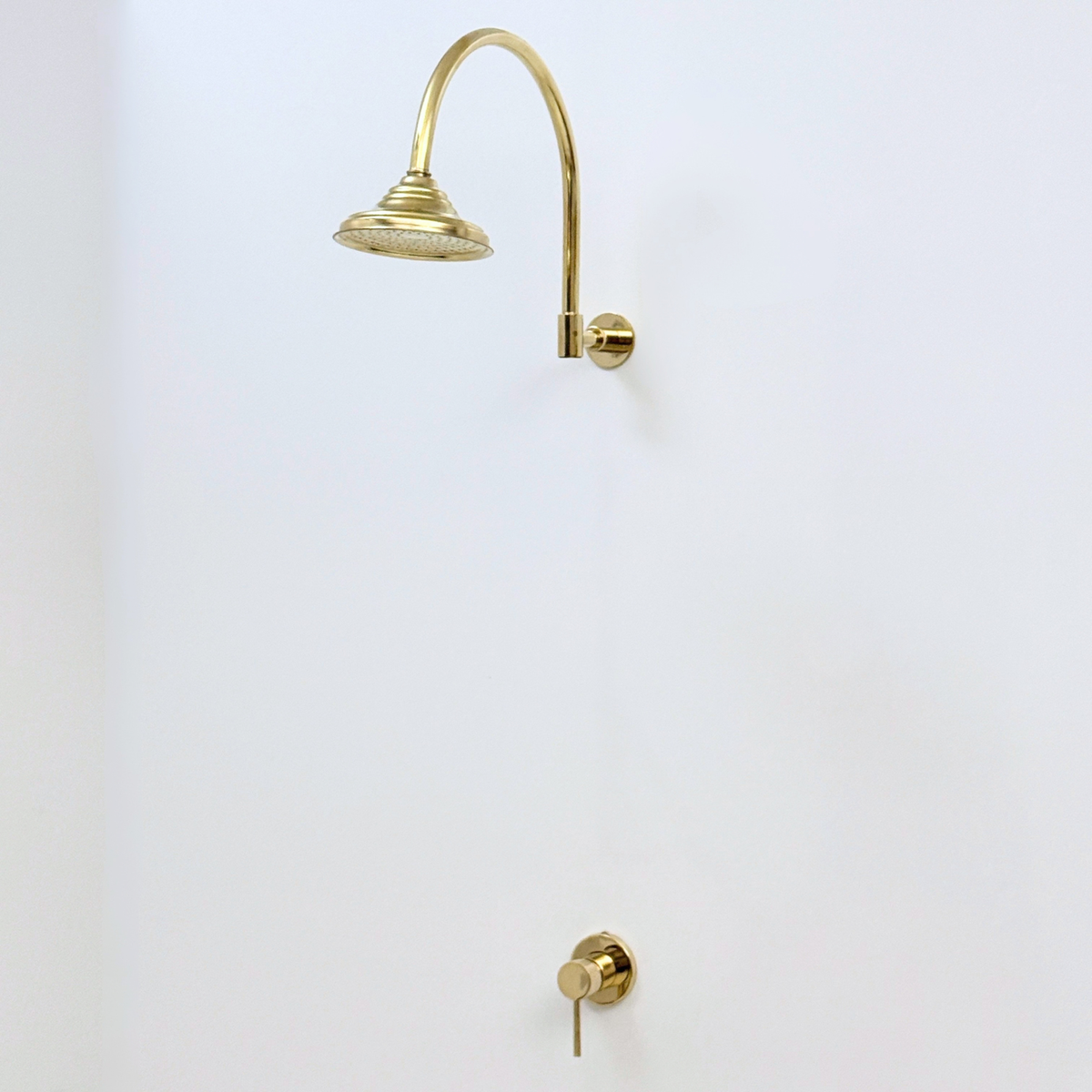 Unlacquered Brass Concealed Rain Shower System with Dome Head and Gooseneck Arm