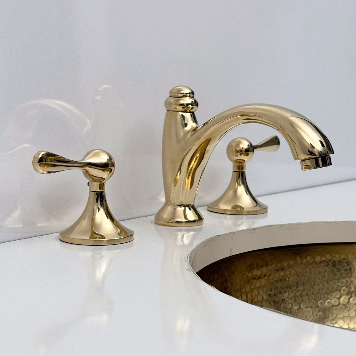 Unlacquered Brass Widespread Bathroom Faucet With Lever Handles
