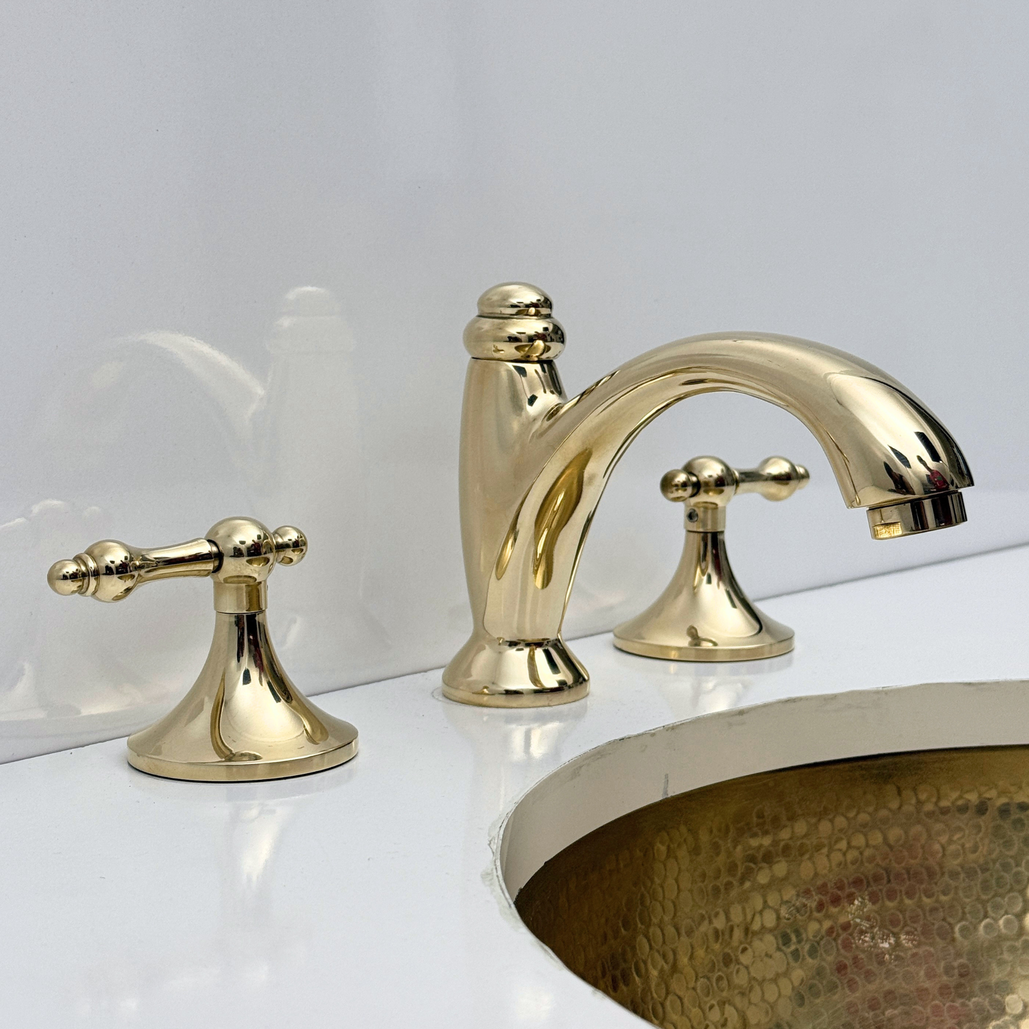 Unlacquered Brass Widespread Bathroom Faucet With Lever Handles