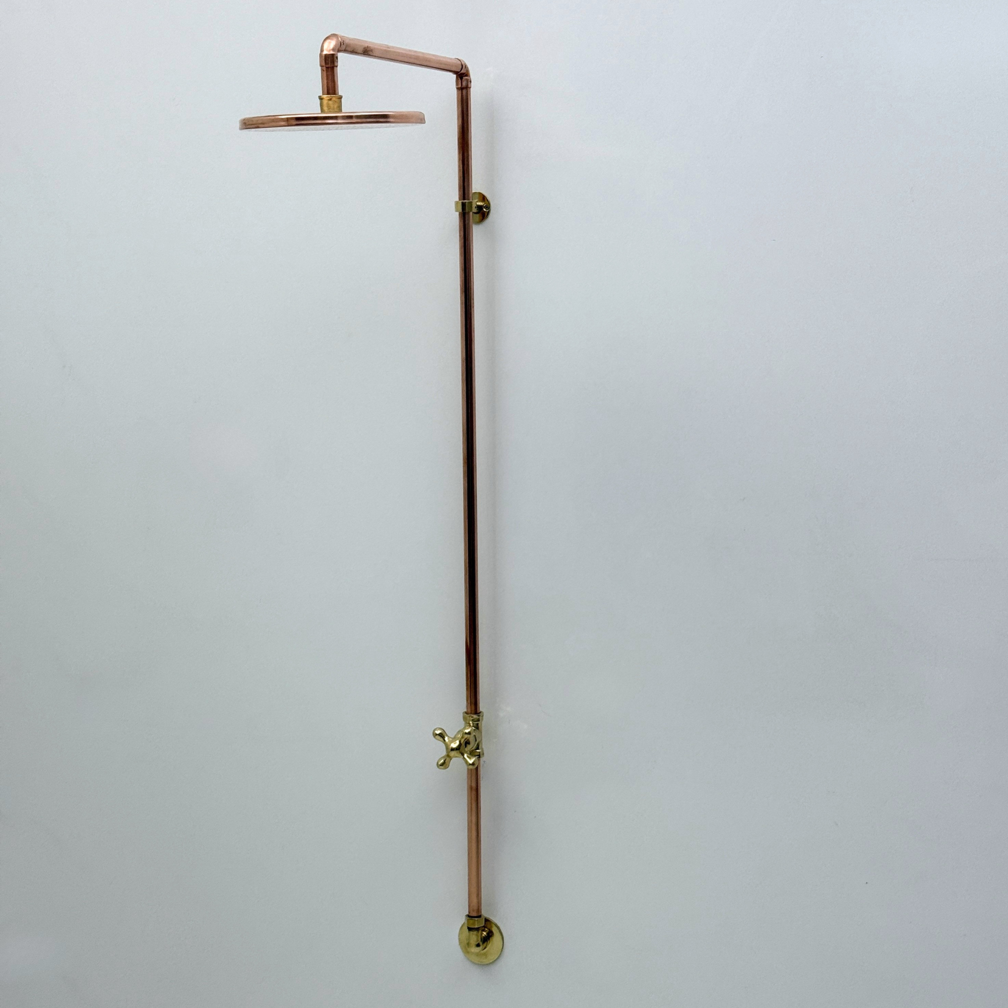 Unlacquered Brass and Copper Outdoor Shower System with Flat Rain Shower Head